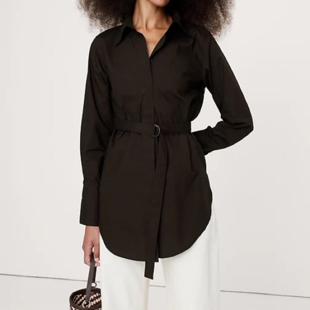 COTTON POPLIN BELTED TUNIC, NWT , MD , black